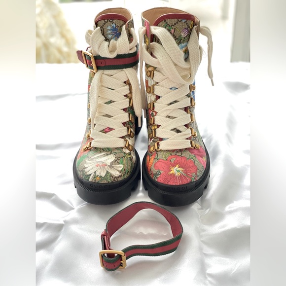 GG Supreme Monogram Flora Lace Up Combat Ankle Boots - Picture 2 of 5